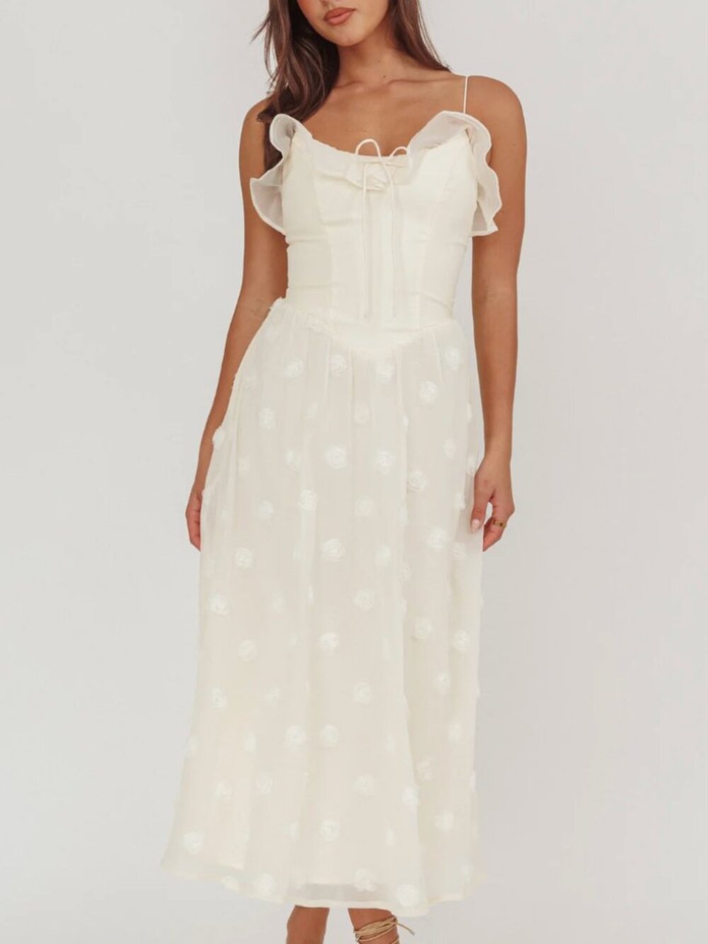 Indikah Cream/Ivory Ruffle Bow Neck Midi Dress with Rosette Embroidery - Small